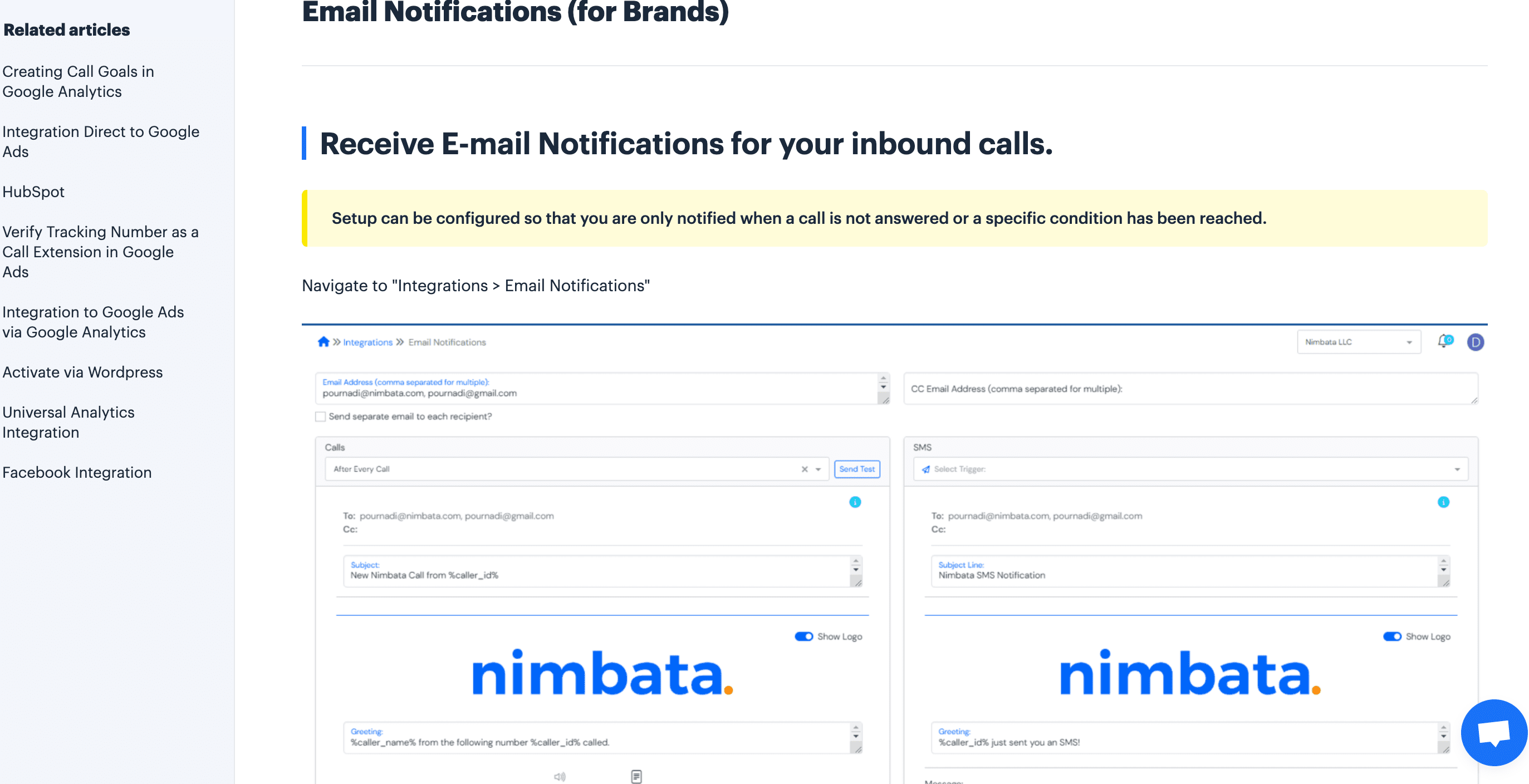 nimbata call tracking notifications